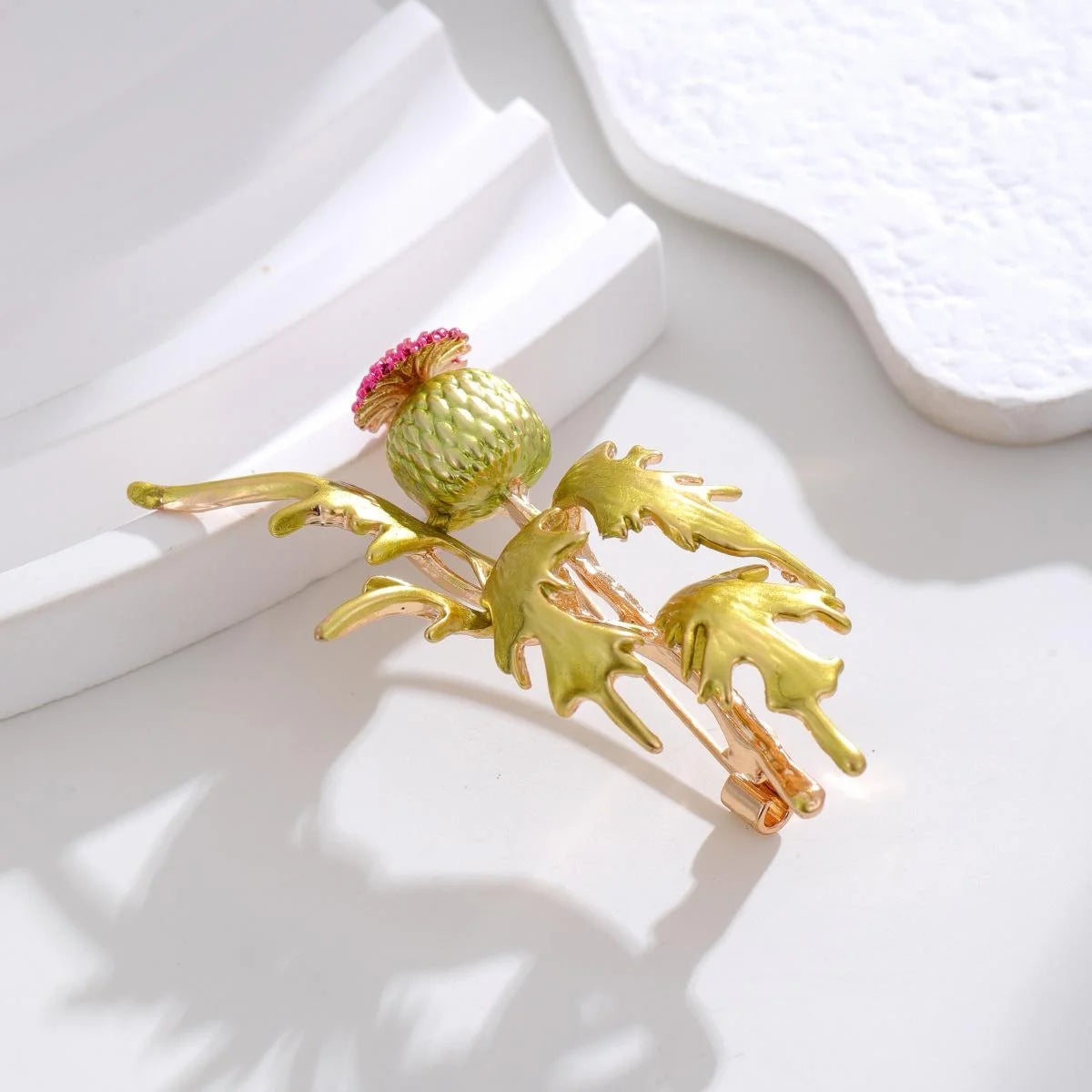 Elegant Enamel Thistle Flower Brooch With Green Leaves, Alloy Floral Lapel Pin Corsage Suit Accessory