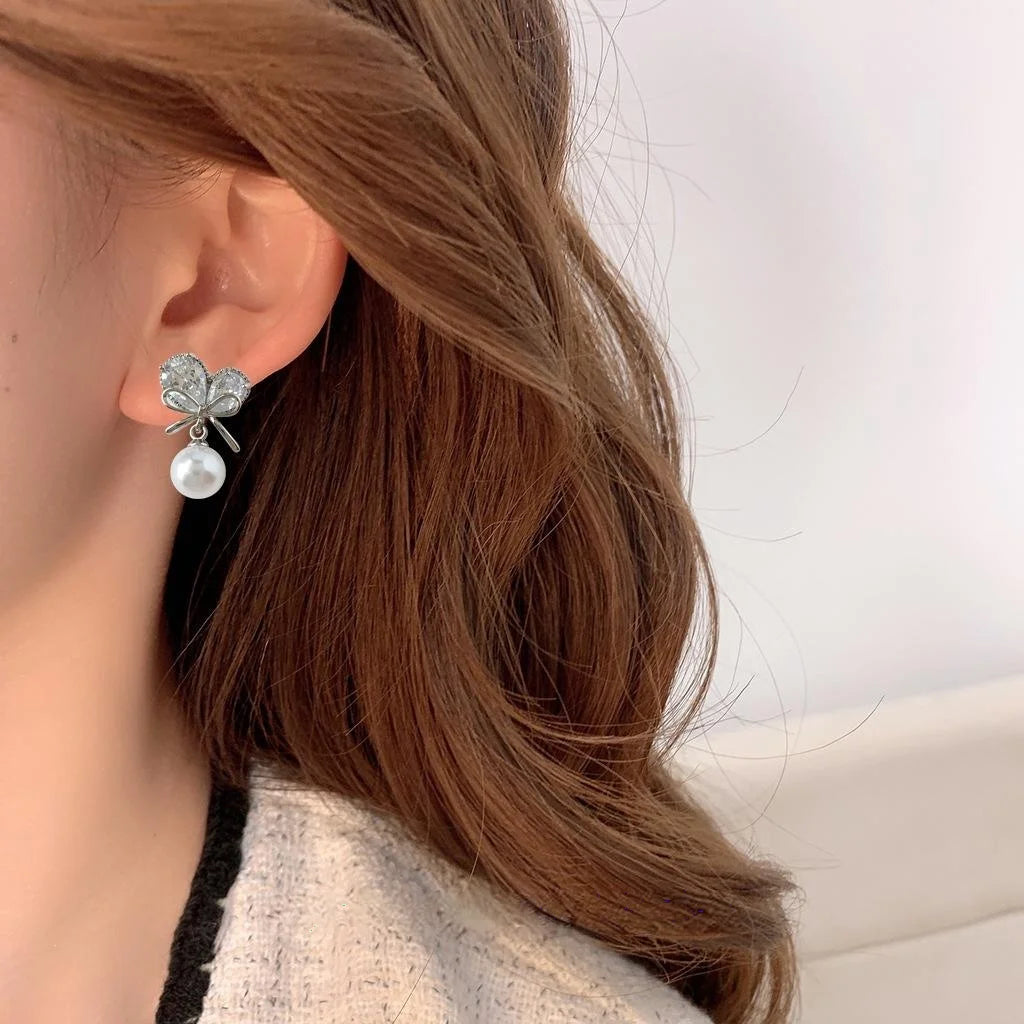 Silver Plated Copper Zircon Heart Bow Pearl Stud Earrings For Women Elegant Jewelry