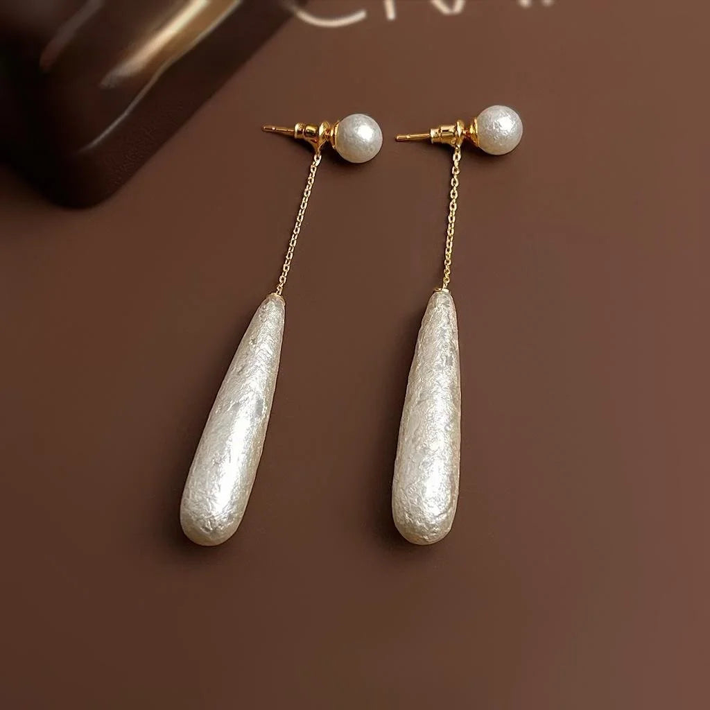 French Vintage Long Snowflake Pearl Teardrop Pendant Drop Earrings For Women