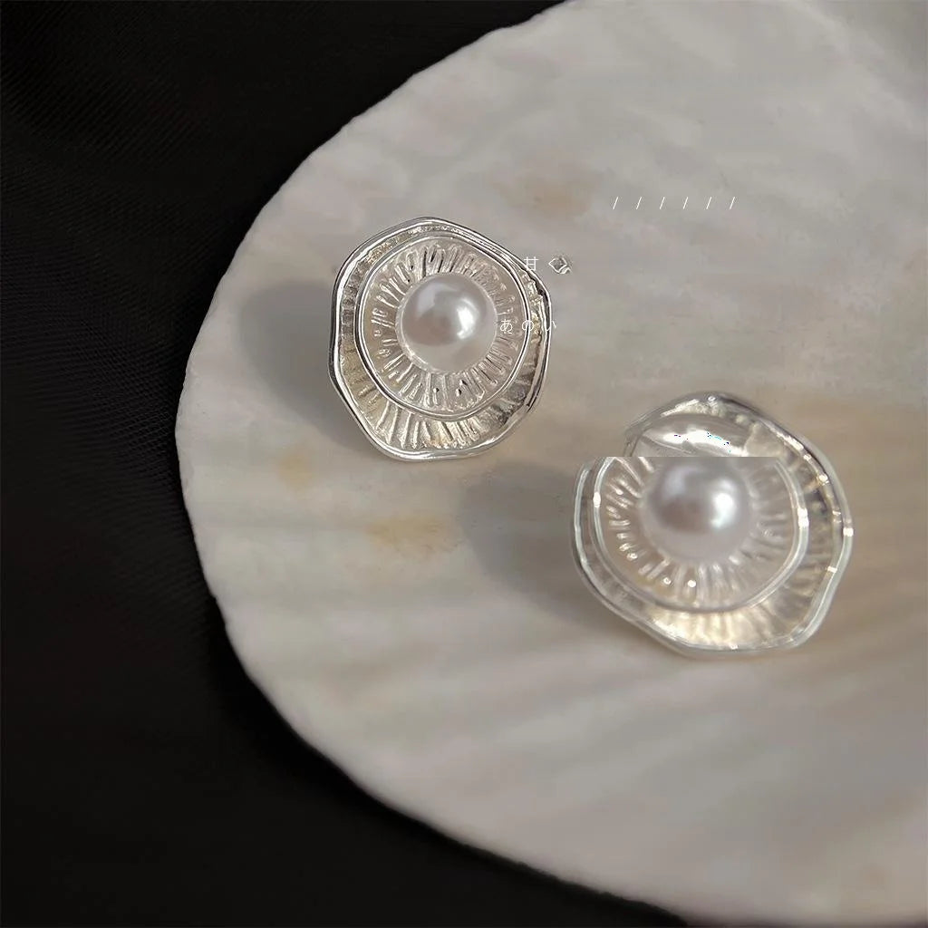 Designer Copper High Luster Pearl Double Layer Lotus Ruffle Round Drop Earrings Textured Minimalist Style