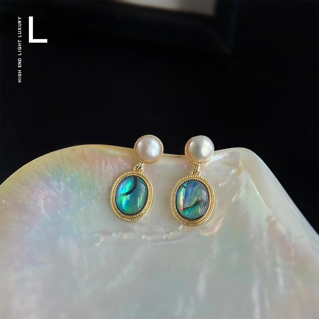 14K Gold Plated Copper Abalone Shell Freshwater Pearl Oval Geometric Stud Earrings