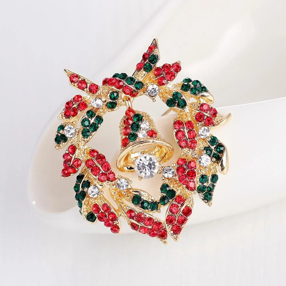 Elegant Christmas Wreath Bell Rhinestone Alloy Brooch, Festive Corsage Lapel Pin Suit Accessory Gift