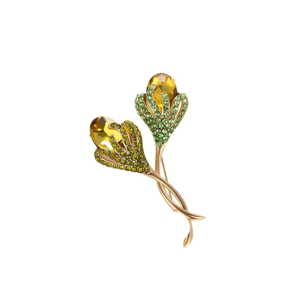 Luxury Tulip Flower Brooch With Alloy Stems, Glass Rhinestones And Pearl, Elegant Lapel Pin Suit Accessory