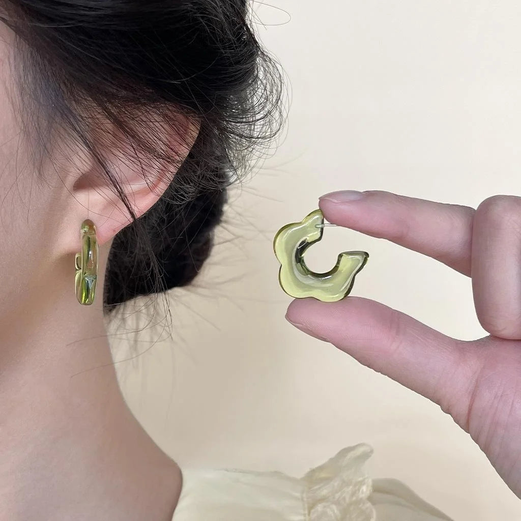 Mint Green Resin Flower C Shaped Wavy Hoop Earrings Forest Style Sweet Silver Plated Studs