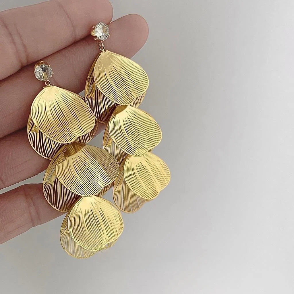 18K Gold Plated Copper Hollow Leaf Tassel Drop Earrings Elegant Evening Geometric Jewelry