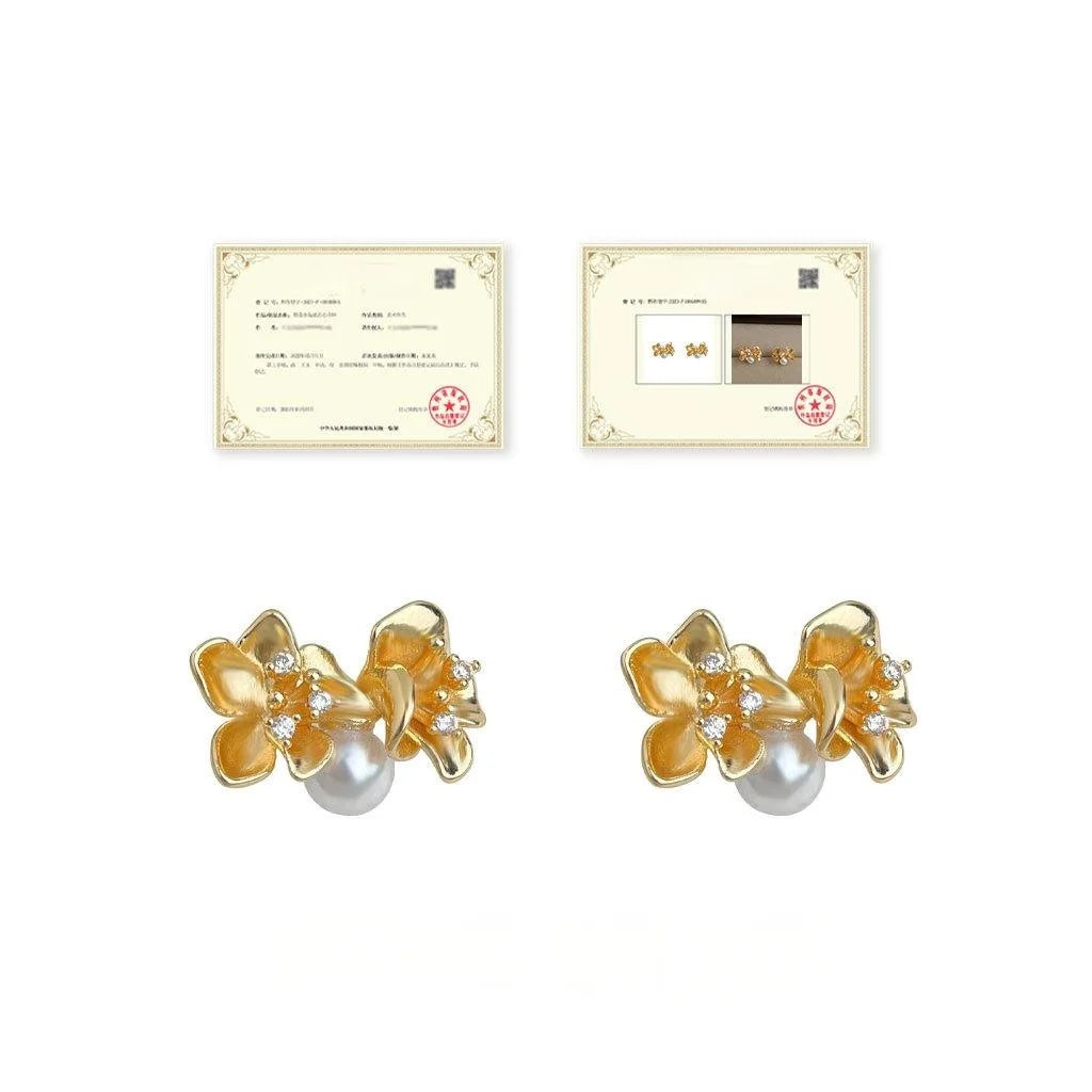 14K Plated Zircon Pearl Osmanthus Flower Stud Earrings Minimalist Luxury Floral Jewelry