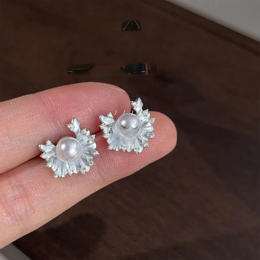 Micro Pave Zircon Pearl Ruffle Stud Earrings Copper Geometric Minimalist Office Jewelry