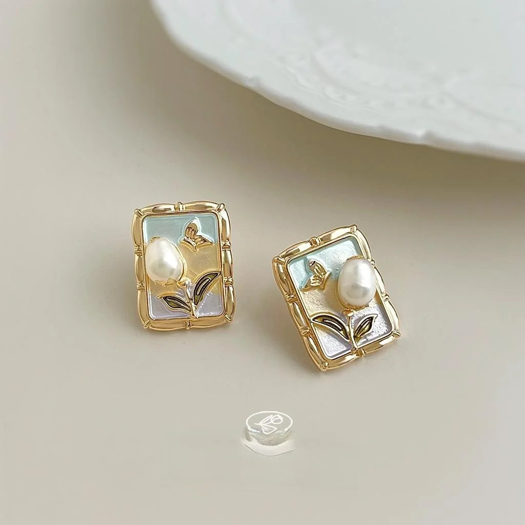 Oil Painting Style Freshwater Pearl Enamel Hand Painted Geometric Flower Stud Earrings