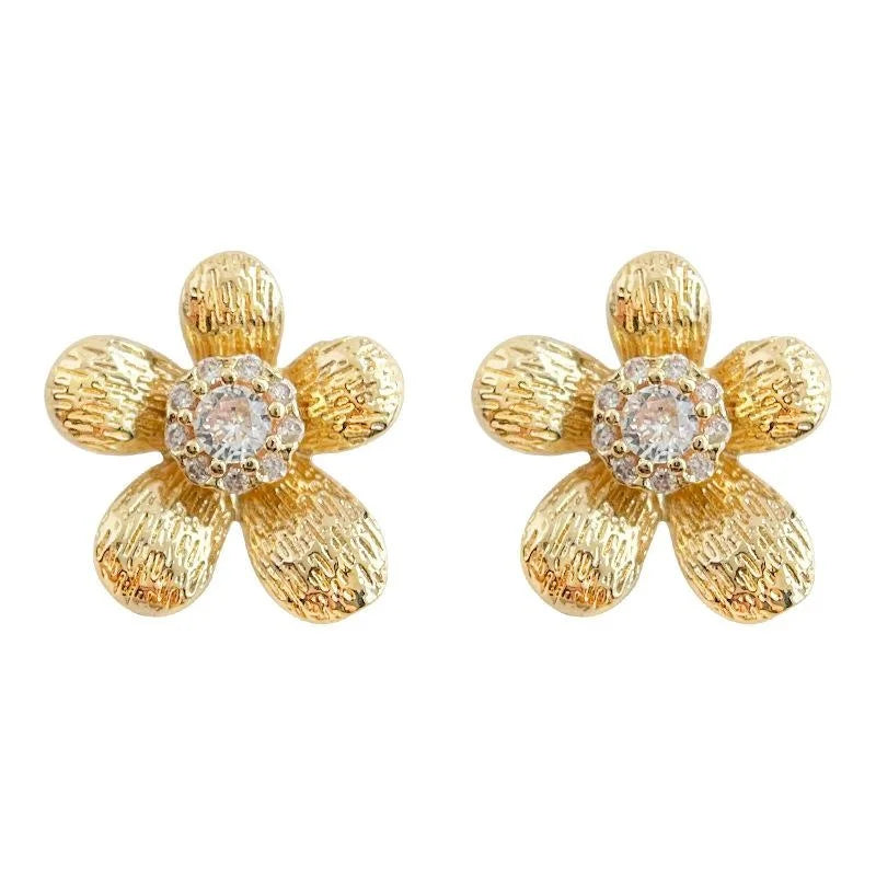14K Plated Copper Micro Pave Zircon Flower Stud Earrings Sweet Elegant Floral Jewelry