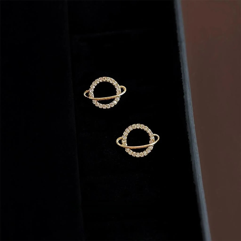 14K Plated Copper Micro Pave Zircon Hollow Planet Stud Earrings