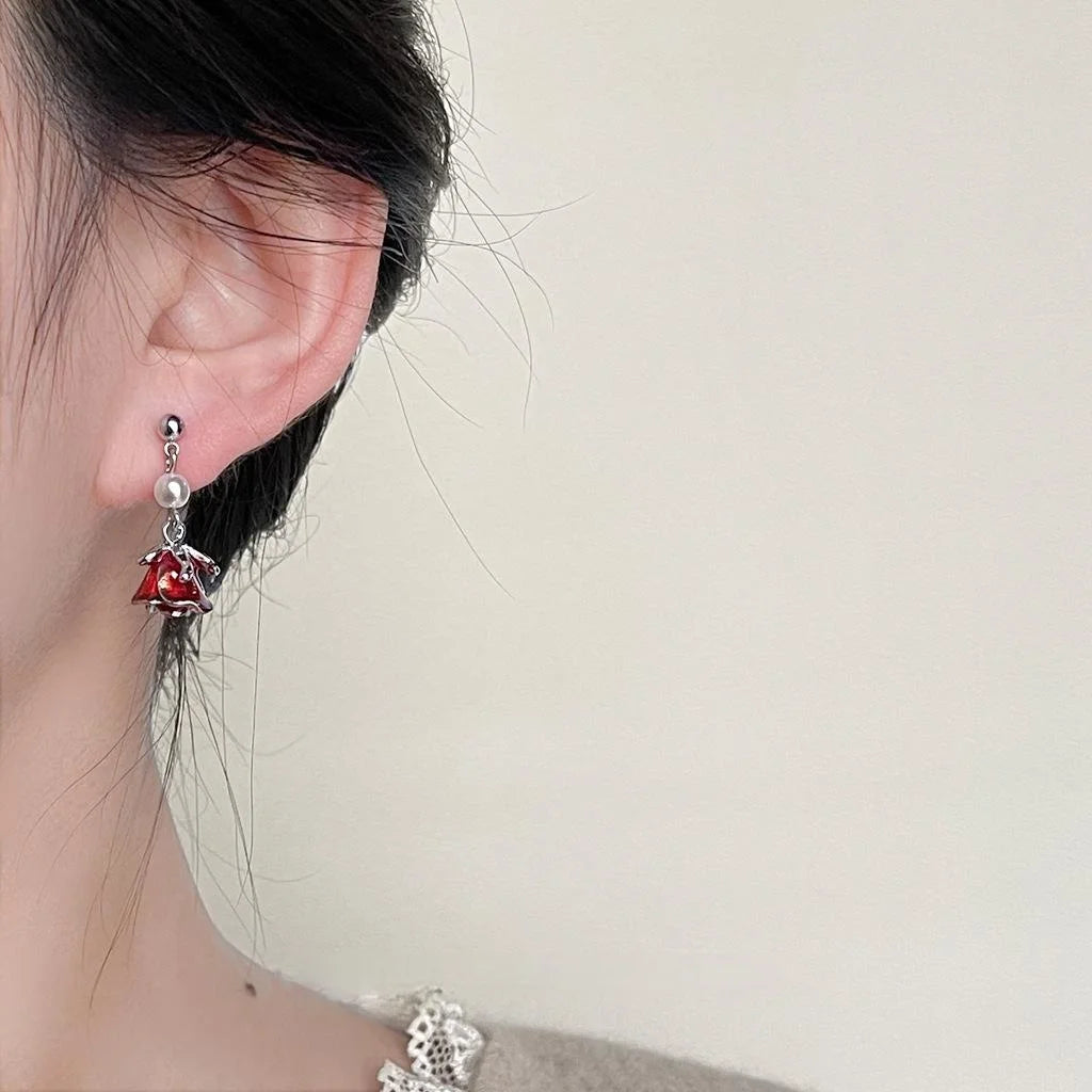 French Vintage Enamel Rose Flower Copper Drop Earrings