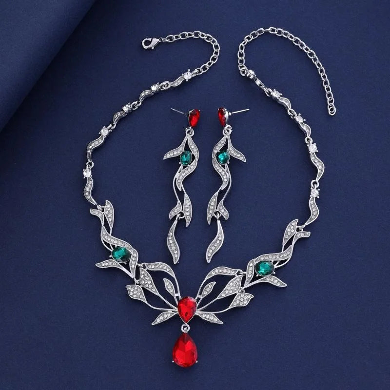 Luxury Red Green Crystal Rhinestone Leaf Necklace And Earrings Jewelry Set For Wedding Party Banquet Gift