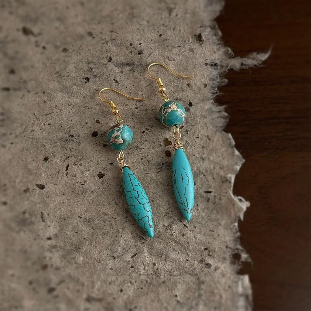 Handmade Vintage Ethnic Synthetic Turquoise Imperial Stone Teardrop Drop Earrings