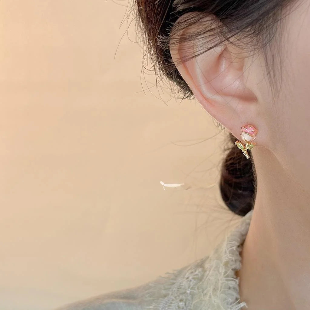 Sweet Fresh Silver Plated Copper Enamel Tulip Flower Micro Pave Zircon Stud Earrings