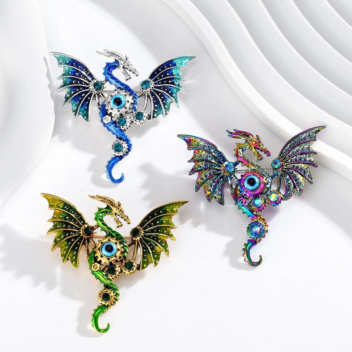 Vintage Fantasy Dragon Wing Brooch, Green Enamel Alloy Rhinestone Lapel Pin For Suit Accessory Gift