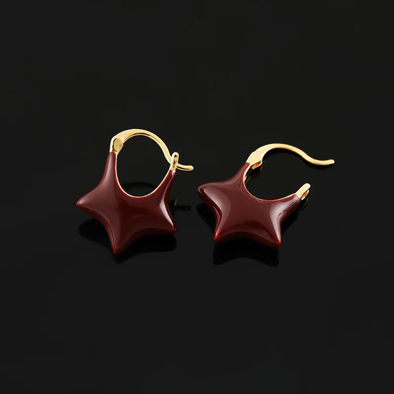 Vintage Red Enamel Five-Point Star Alloy Stud & Clip On No Piercing Gold Hoop Statement Earrings