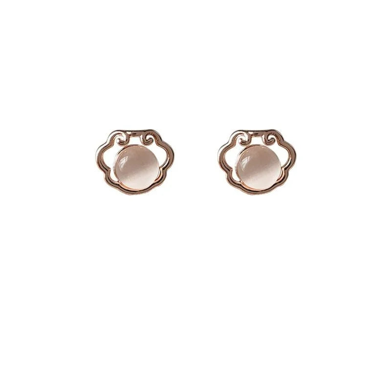 Chinese Style Mini Rose Gold Copper Ruyi Longevity Lock Glass Cat Eye Stone Stud Earrings