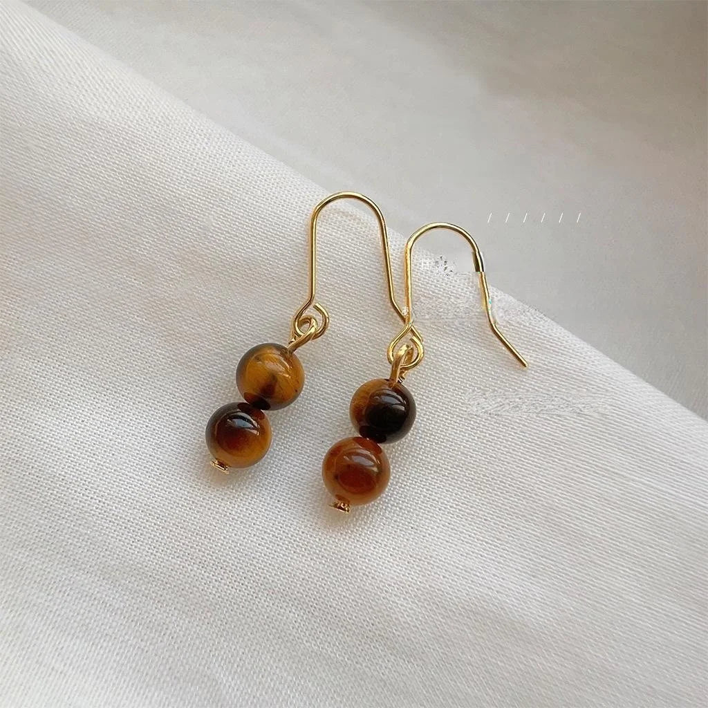 Handmade Tiger Eye Stone Copper Drop Earrings Vintage Maillard Geometric Round Jewelry