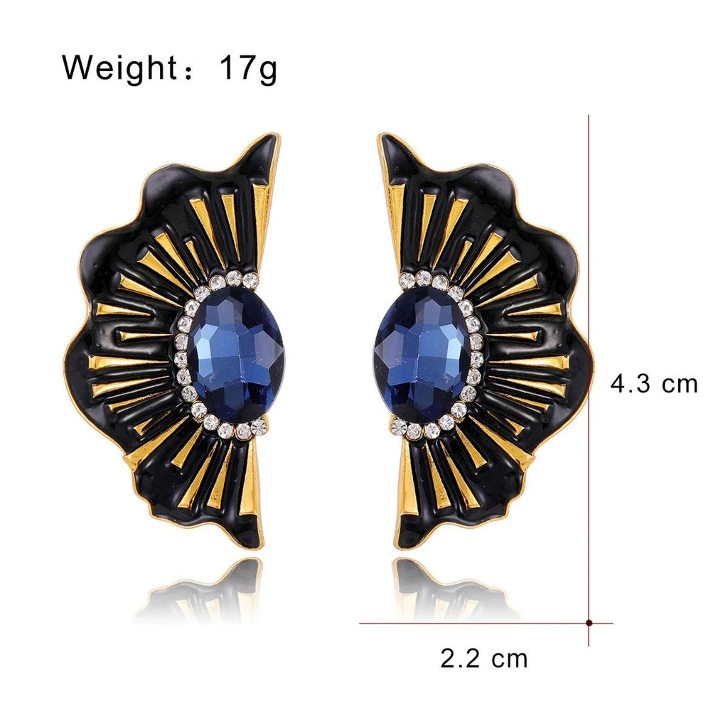 Vintage Fan-Shaped Alloy Earrings With Red Crystal Rhinestone, Elegant Luxury Studs For Wedding Party Gift