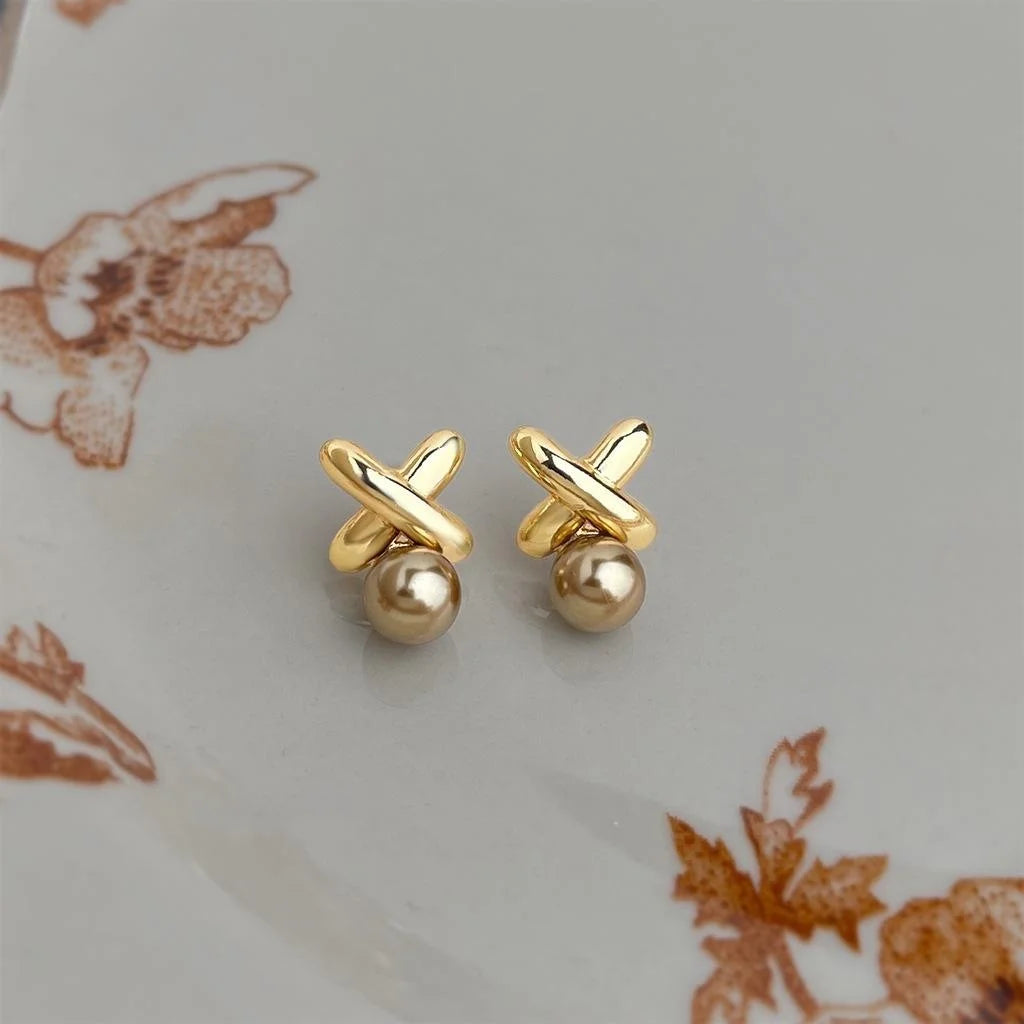 14K Plated Eco Copper Glass Pearl Stud Earrings, Minimalist Floral Line Fashion Jewelry