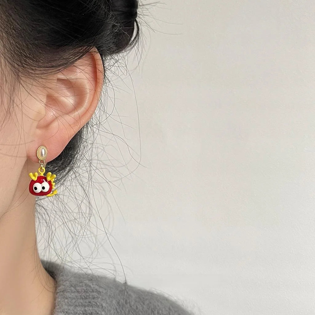 Asymmetric Baby Dragon Stud Earrings Copper Enamel Chinese Zodiac Jewelry