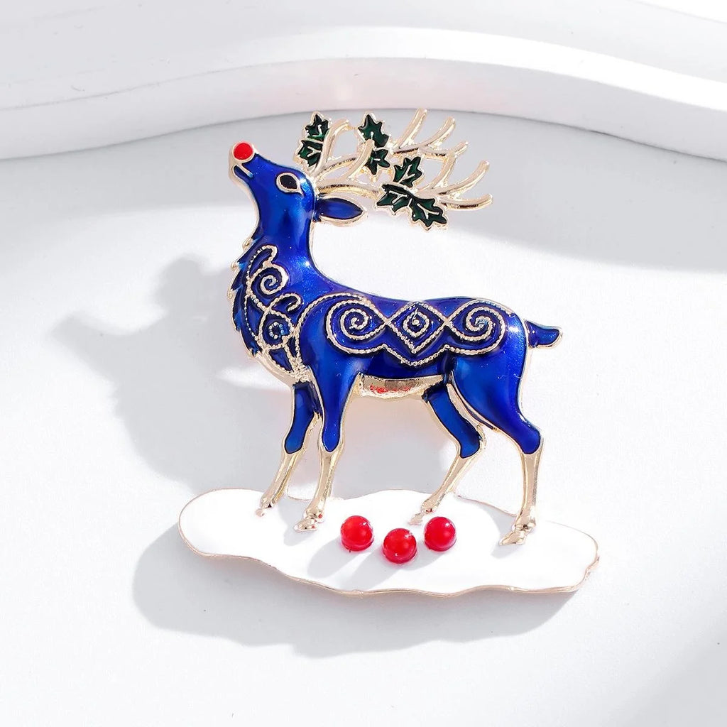 Cute Blue Enamel Christmas Reindeer Brooch With Gold Alloy Antlers, Festive Lapel Pin Corsage Gift