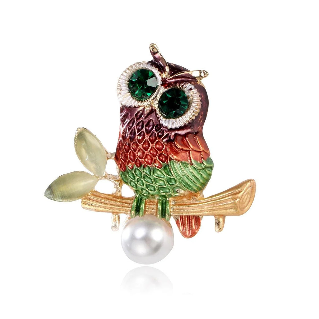 Cute Colorful Enamel Owl Brooch With Green Rhinestone Eyes And Pearl Drop, Elegant Lapel Pin Gift
