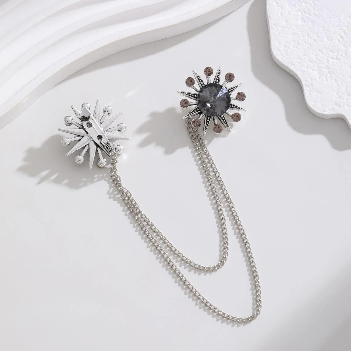 Luxury Sunburst Rhinestone Double Chain Brooch With Large Gem, Elegant Collar Lapel Pin Suit Accessory