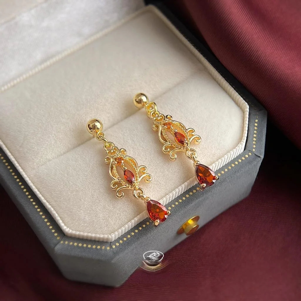 Vintage Court Style Burgundy Zircon Copper Long Tassel Drop Earrings