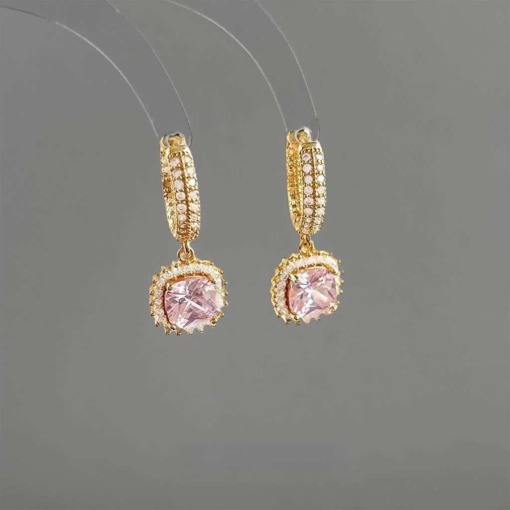 Pink Zircon Inlaid Copper Geometric Sugar Cube Drop Earrings Light Luxury Jewelry