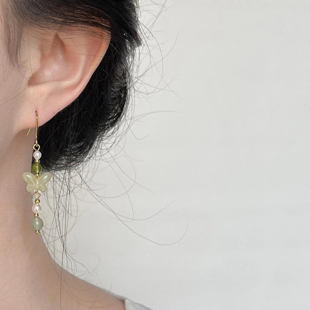New Chinese Style Butterfly Drop Earrings Glass Crystal Pearl Jade Long Handmade Designer Jewelry