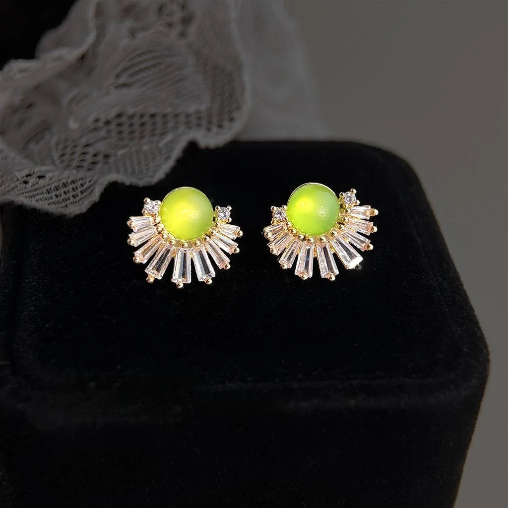 French Vintage 14K Gold Plated Eco Copper Fan Stud Earrings With Micro Pave Zircon Emerald Green Geometric Design