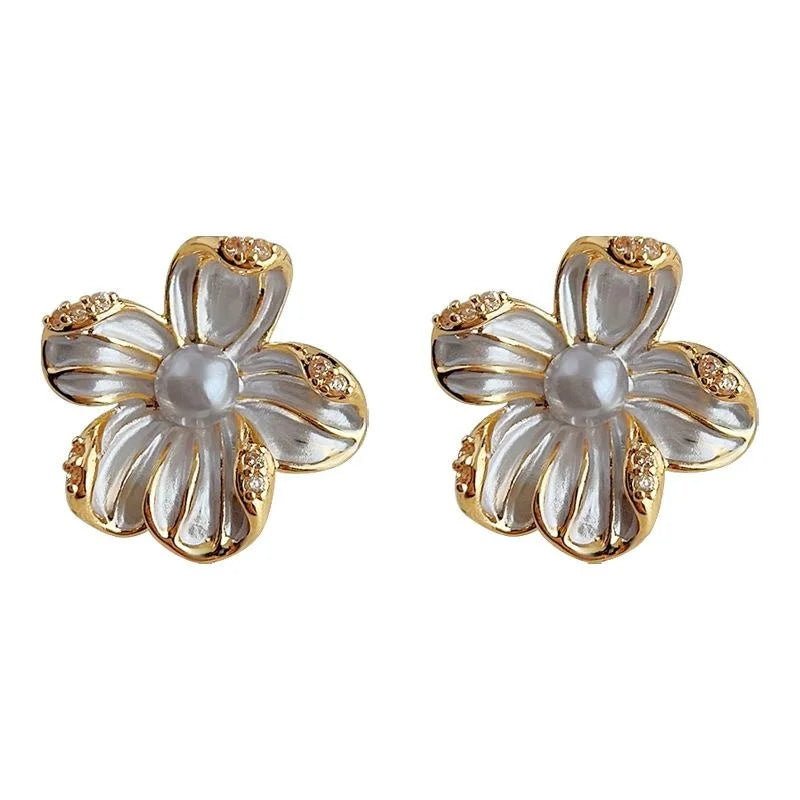 14K Gold Plated Copper 3D Flower Stud Earrings With Micro Pave Zircon Elegant Floral Jewelry