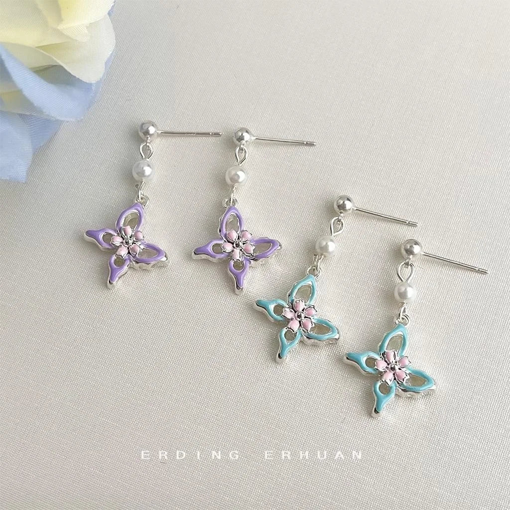 Sweet Enamel Butterfly Drop Earrings With Pearl Copper Handmade Elegant Forest Style Jewelry