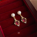 Hong Kong French Retro Geometric Zircon Glass Pearl Tassel Drop Earrings