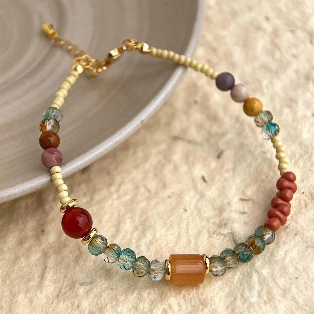 New Chinese Style Natural Stone Glass Crystal Handmade Colorful Geometric Bracelet
