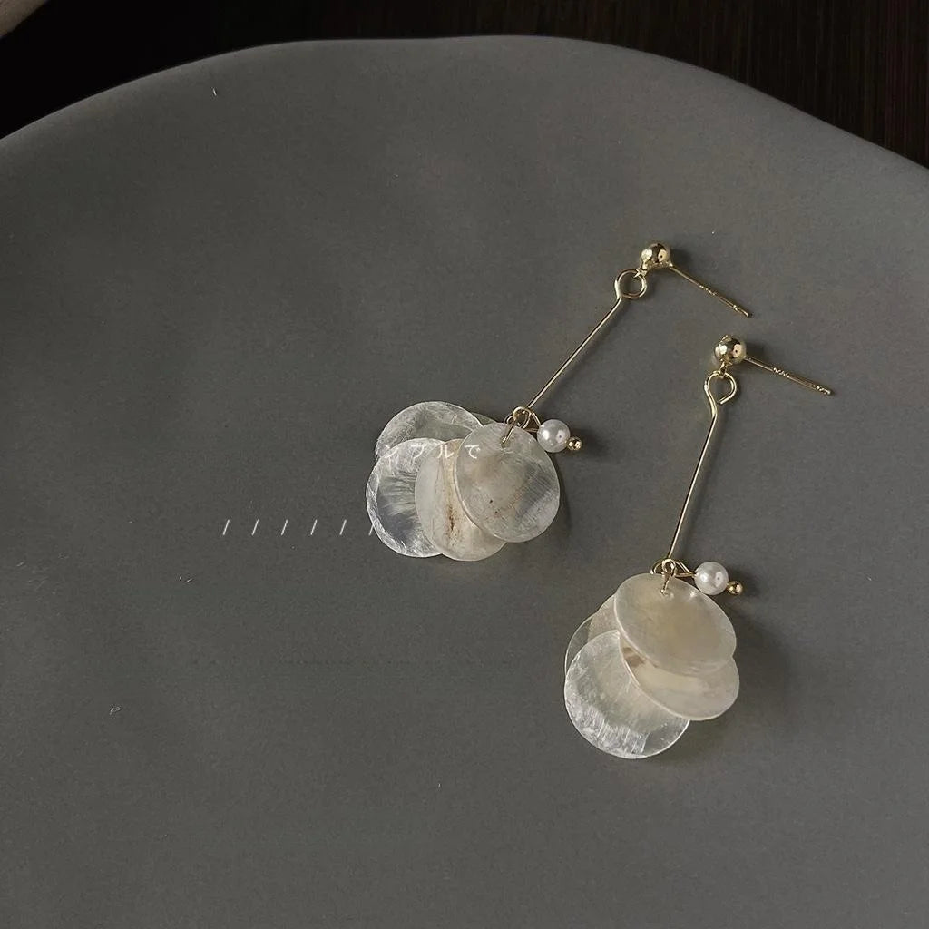 Handmade Original Designer Copper Shell Tassel Geometric Stud Earrings French Minimalist Fairy Style
