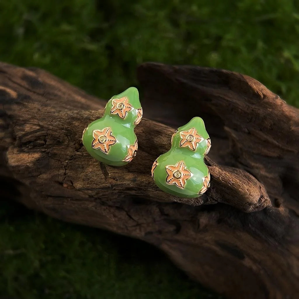 Light Luxury Copper Enamel Drip Glaze Gourd Flower Stud Earrings With Silver Plated Pins