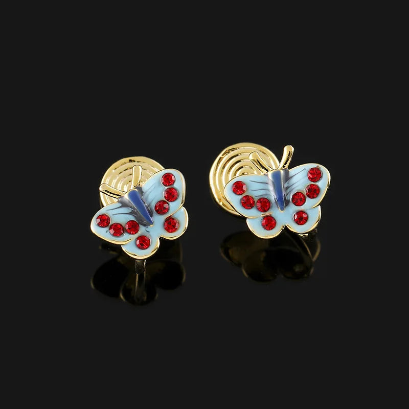 Vintage Blue Enamel Butterfly Rhinestone Stud & Clip On No Piercing Coil Back Women's Fashion Earrings