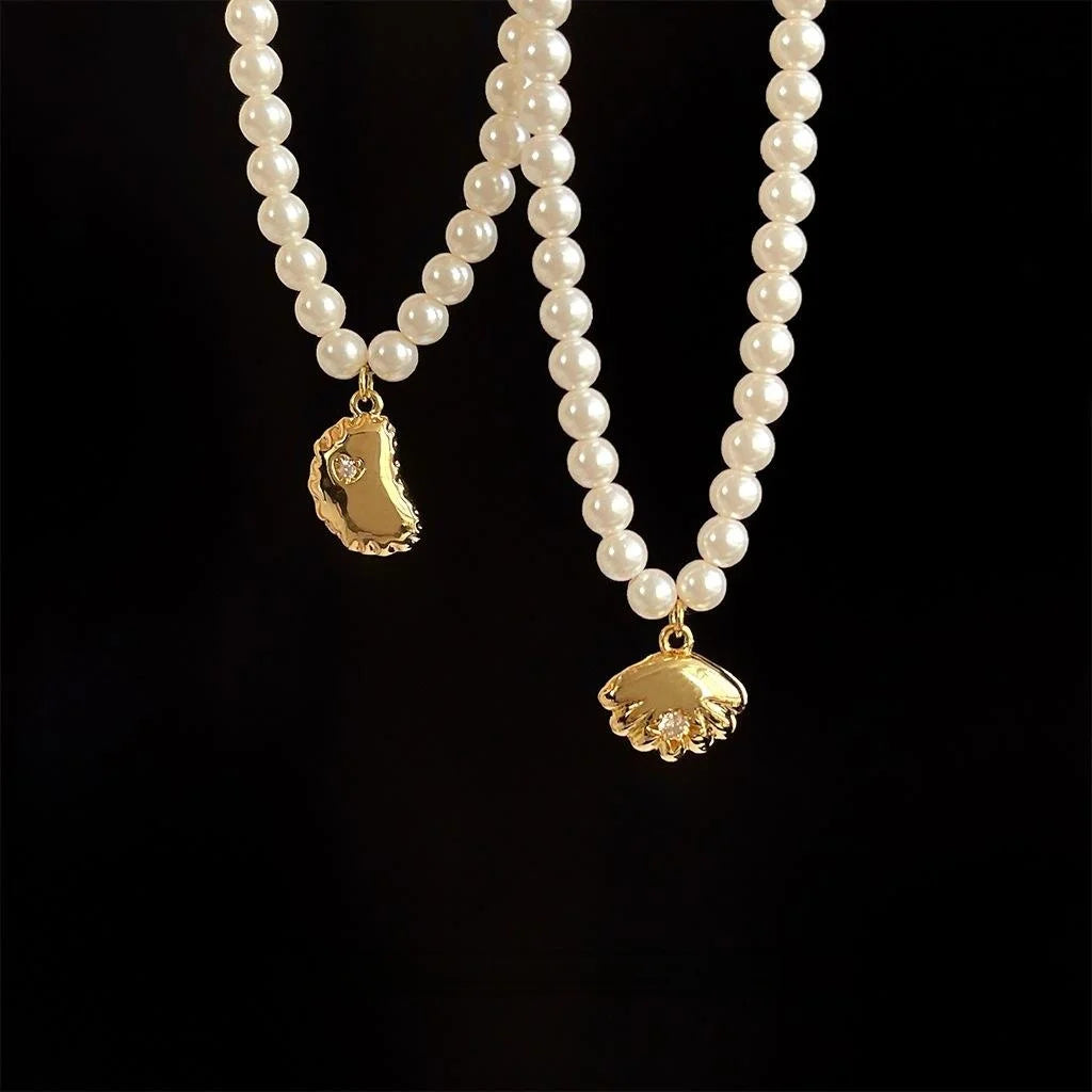 14K Gold Plated Copper Glass Pearl Necklace With Micro Pave Zircon French Vintage Shell Pendant