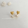 14K Plated Copper Freshwater Pearl Heart Stud Earrings Brushed Matte Light Luxury Jewelry