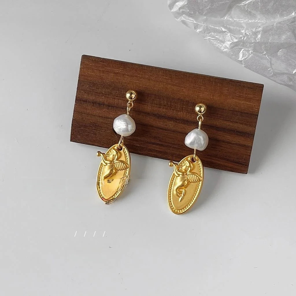 Vintage Oval Baroque Freshwater Pearl Stud Earrings 14K Plated Matte Copper