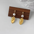 Vintage Oval Baroque Freshwater Pearl Stud Earrings 14K Plated Matte Copper