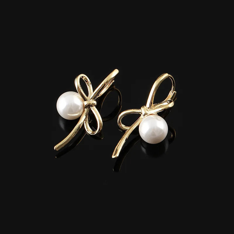 Elegant Gold Alloy Bowknot Pearl Spiral Stud & Clip On No Piercing Lightweight Luxury Drop Earrings