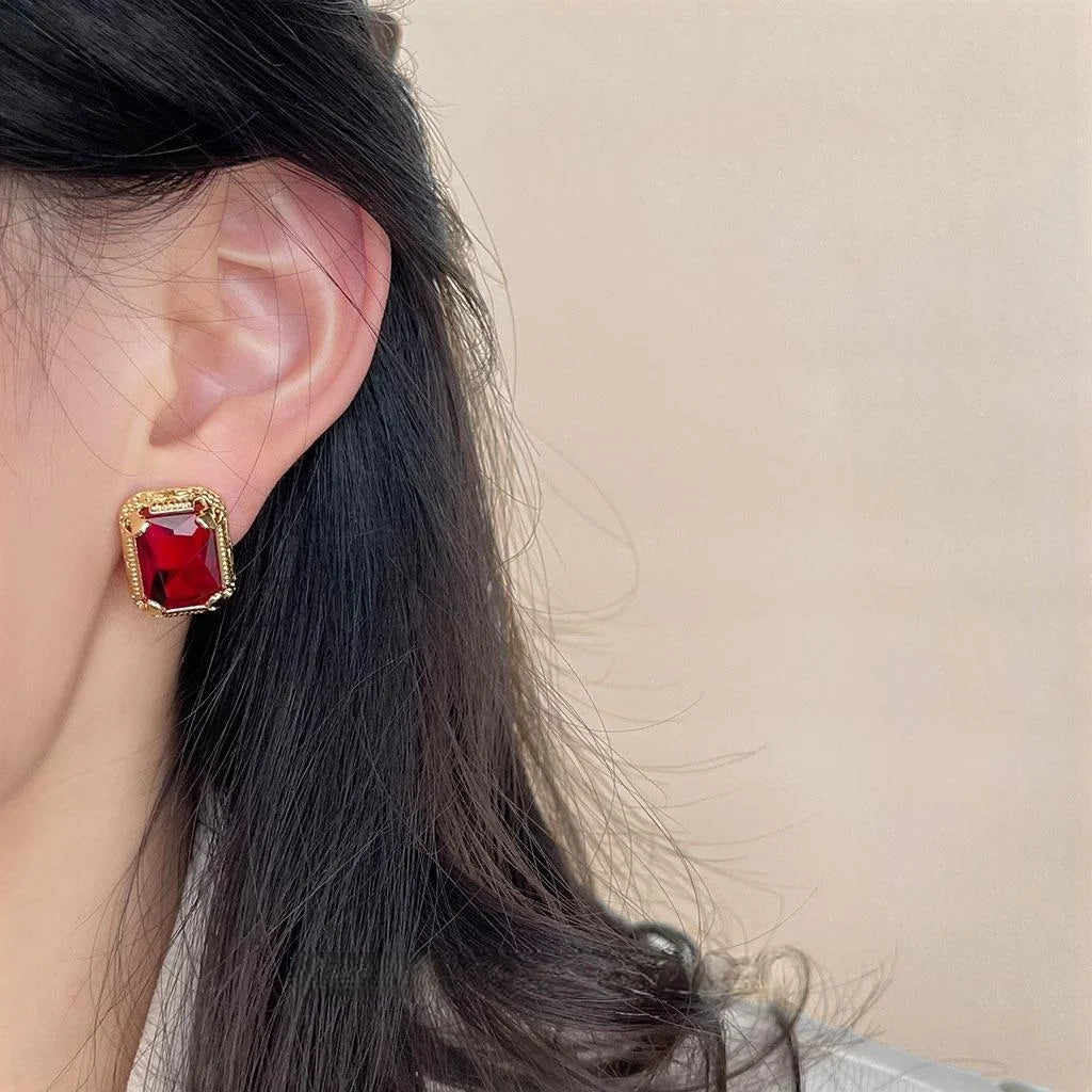 18K Gold Plated Copper Geometric Red Glass Crystal Drop Earrings Luxury Style