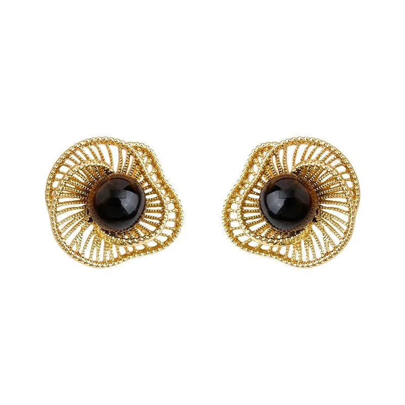 Maillard Style Vintage Tiger Eye Stone Geometric Hollow Flower Drop Earrings
