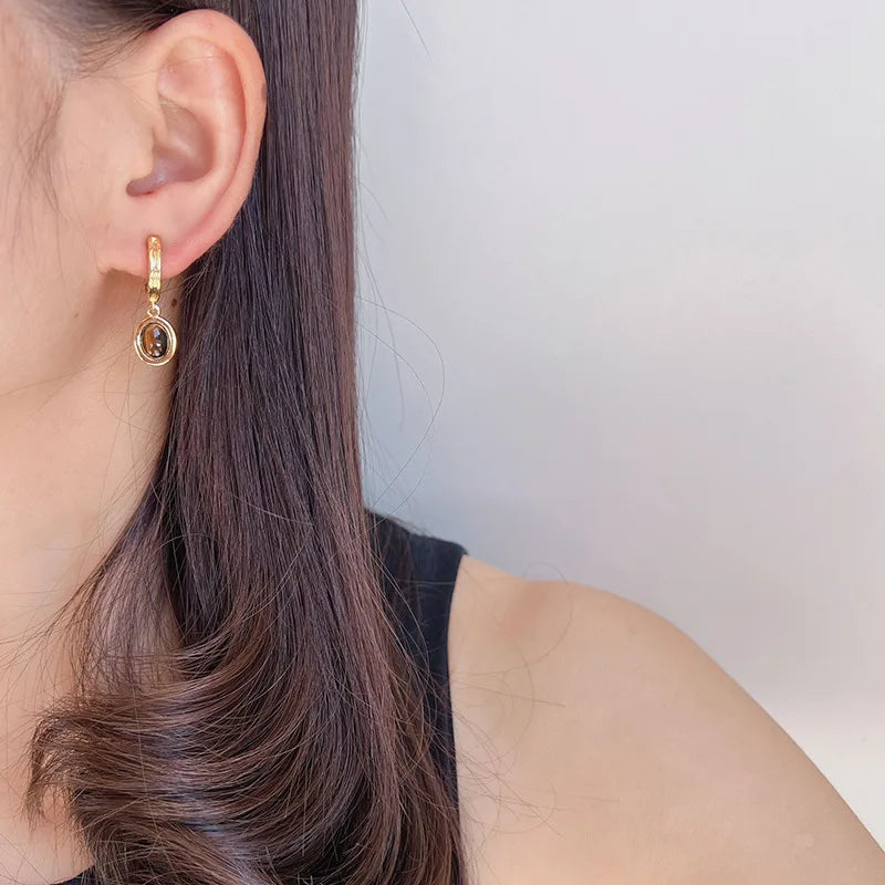 Vintage Gold Alloy Spiral Tiger Eye Oval Drop Stud & Clip On No Piercing Brown Dangle Earrings