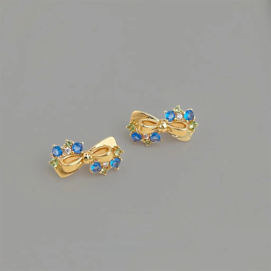 Fashion Aquamarine Zircon Bow Stud Earrings Copper Geometric Jewelry