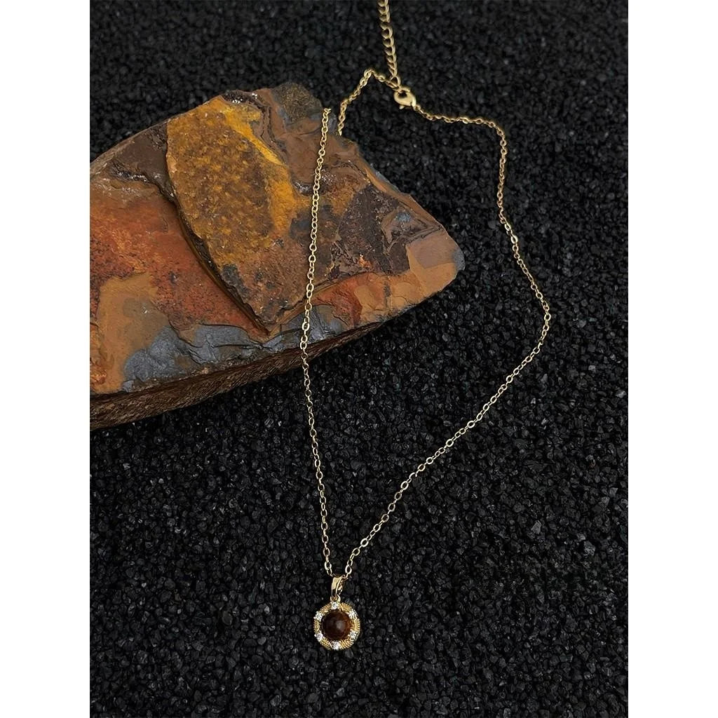 18K Gold Plated Copper Tiger Eye Natural Stone Zircon Round Geometric Vintage Necklace