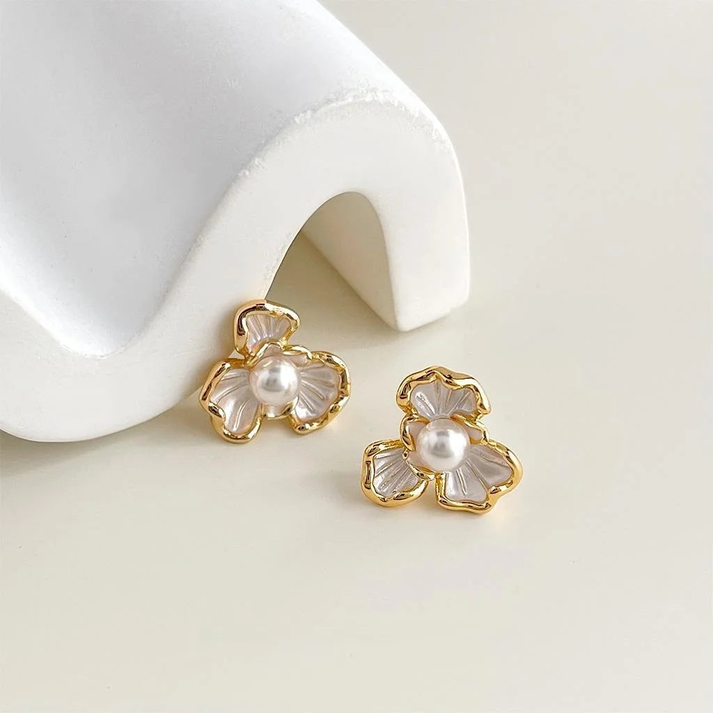 14K Plated Copper Iris Flower Stud Earrings With Glass Pearl Elegant Floral Jewelry